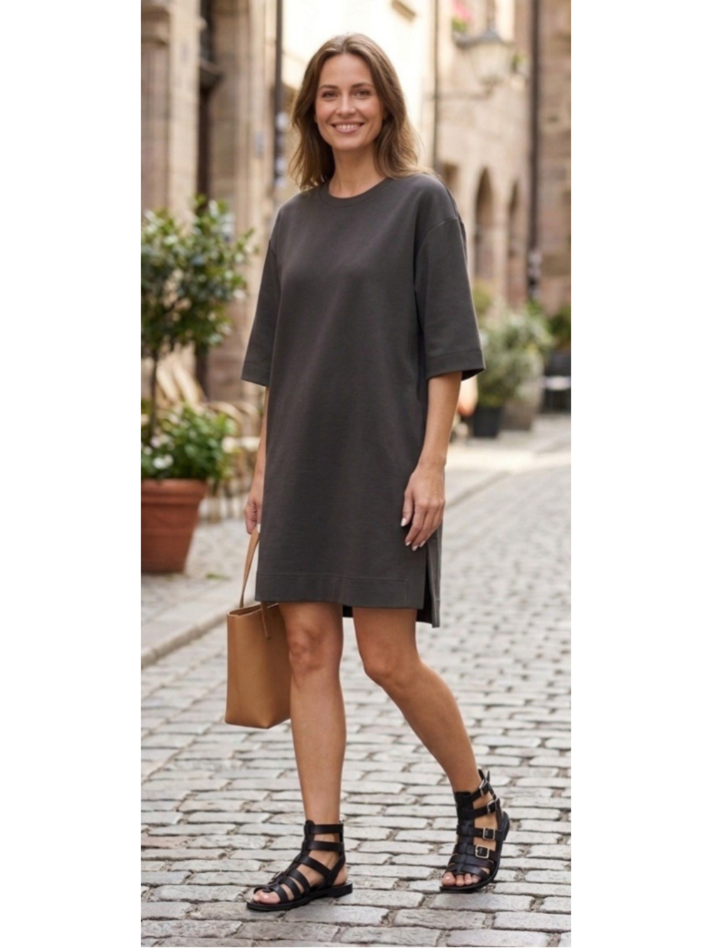 COS Scuba Jersey Shirt Dress Lg Women Gray Stretch Oversized Lagenlook Modern